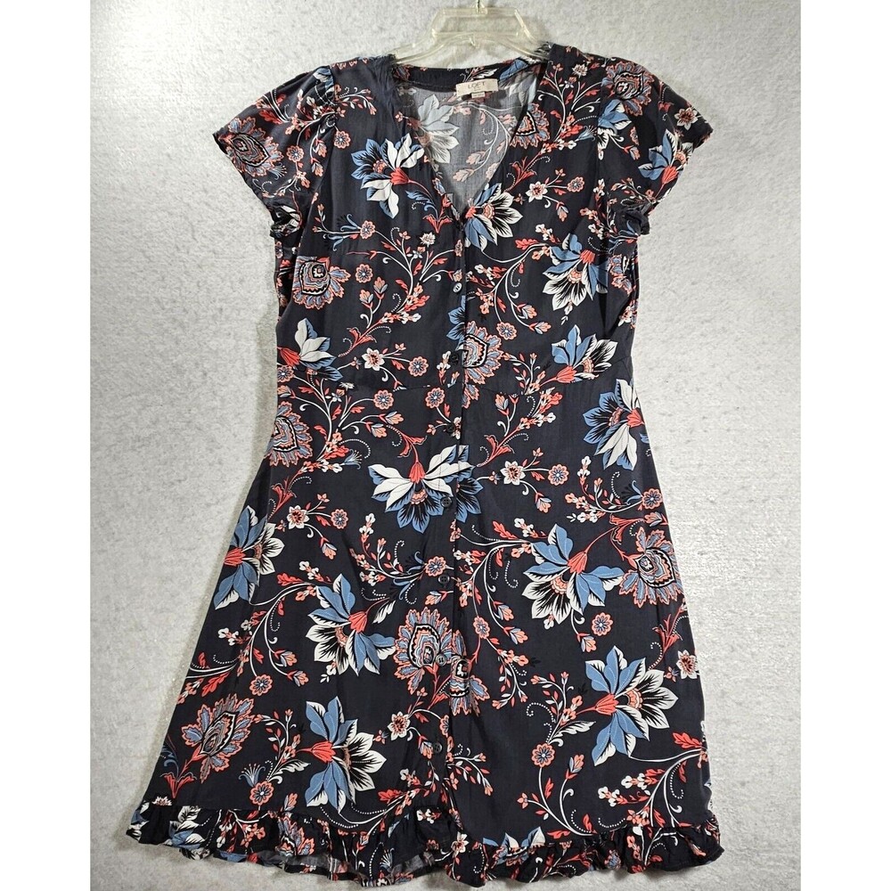 LOFT Petite Midi Dress Womens 10P Gray Floral A Line Button Up Cap Sleeve Casual